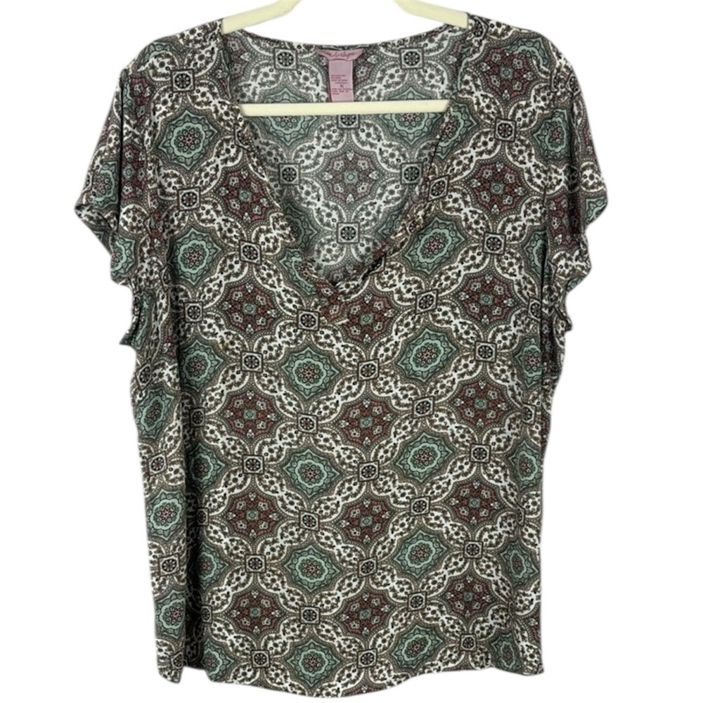 Rose & Rhyme Cream and Brown Patterned Relaxed Cap Sleeve Blouse Size 1X